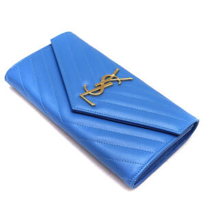 Saint Laurent Bi fold Long Wallet Blue Leather